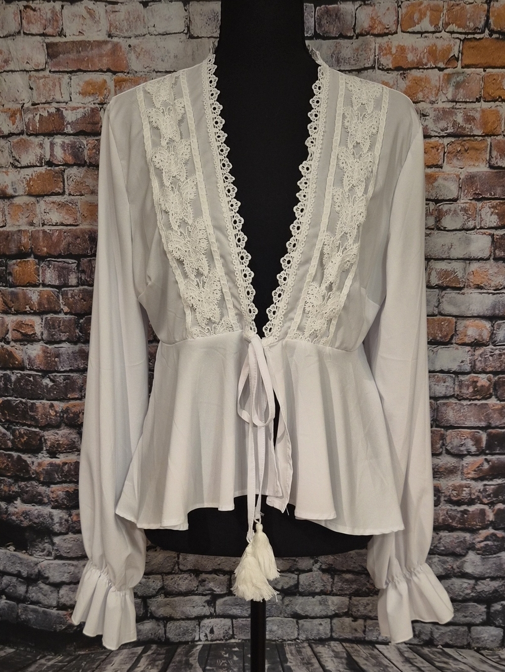 Lace-Trim White Tie-Front Women's Blouse